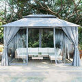 LAZZO 10'x13' Outdoor Gazebo, Double Roof Metal Frame Patio Canopy with Mosquito Netting & Privacy Screens, Gray