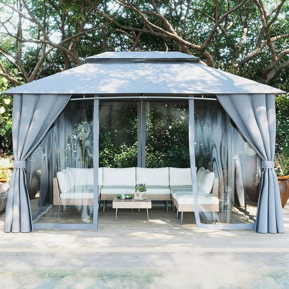 LAZZO 10'x13' Outdoor Gazebo, Double Roof Metal Frame Patio Canopy with Mosquito Netting & Privacy Screens, Gray