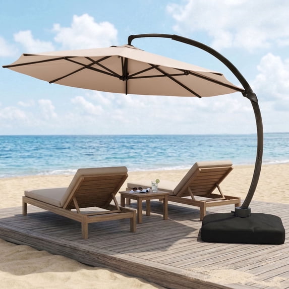 LAZZO 11ft Outdoor Patio Umbrella with Base and Lights, Aluminum Offset Cantilever Umbrella for Pool Deck, Champagne