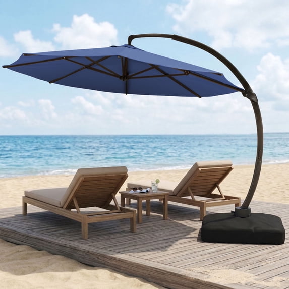 LAZZO 11ft Outdoor Patio Umbrella with Base and Lights, Aluminum Offset Cantilever Umbrella for Pool Deck, Navy Blue