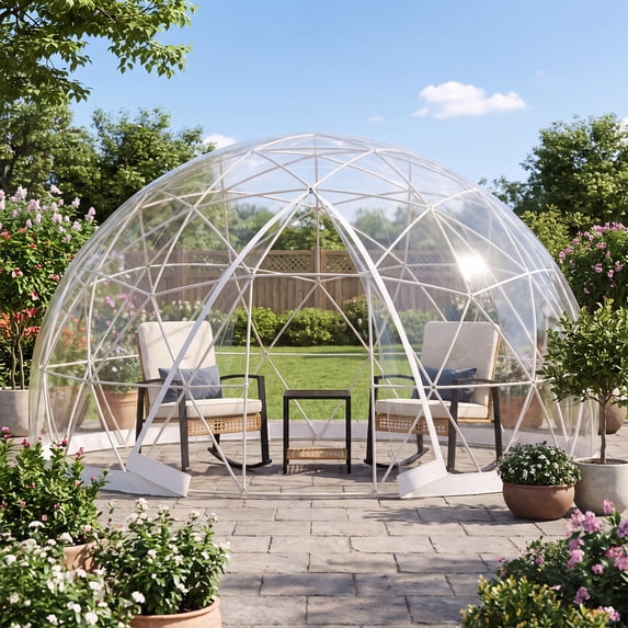 LAZZO 12x7 Ft Garden Dome Tent, Outdoor Clear Bubble Tent with 360° View, Weatherproof Geodesic Igloo Tent with Ventilation Windows for Backyard and Patio