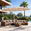 LAZZO 15ft Large Patio Umbrella with Base and Lights, Double-Sided Rectangular Outdoor Deck Umbrella, Champagne