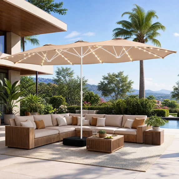 LAZZO 15ft Large Patio Umbrella with Base and Lights, Double-Sided Rectangular Outdoor Deck Umbrella, Champagne