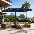 LAZZO 15ft Large Patio Umbrella with Base and Lights, Double-Sided Rectangular Outdoor Deck Umbrella, Blue