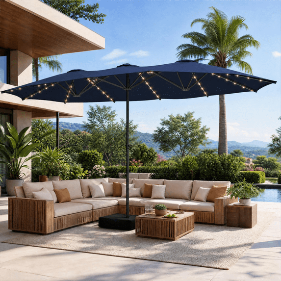 LAZZO 15ft Large Patio Umbrella with Base and Lights, Double-Sided Rectangular Outdoor Deck Umbrella, Blue
