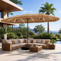 LAZZO 15ft Large Patio Umbrella with Base and Lights, Double-Sided Rectangular Outdoor Deck Umbrella, Tiki Style