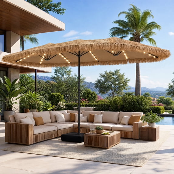 LAZZO 15ft Large Patio Umbrella with Base and Lights, Double-Sided Rectangular Outdoor Deck Umbrella, Tiki Style