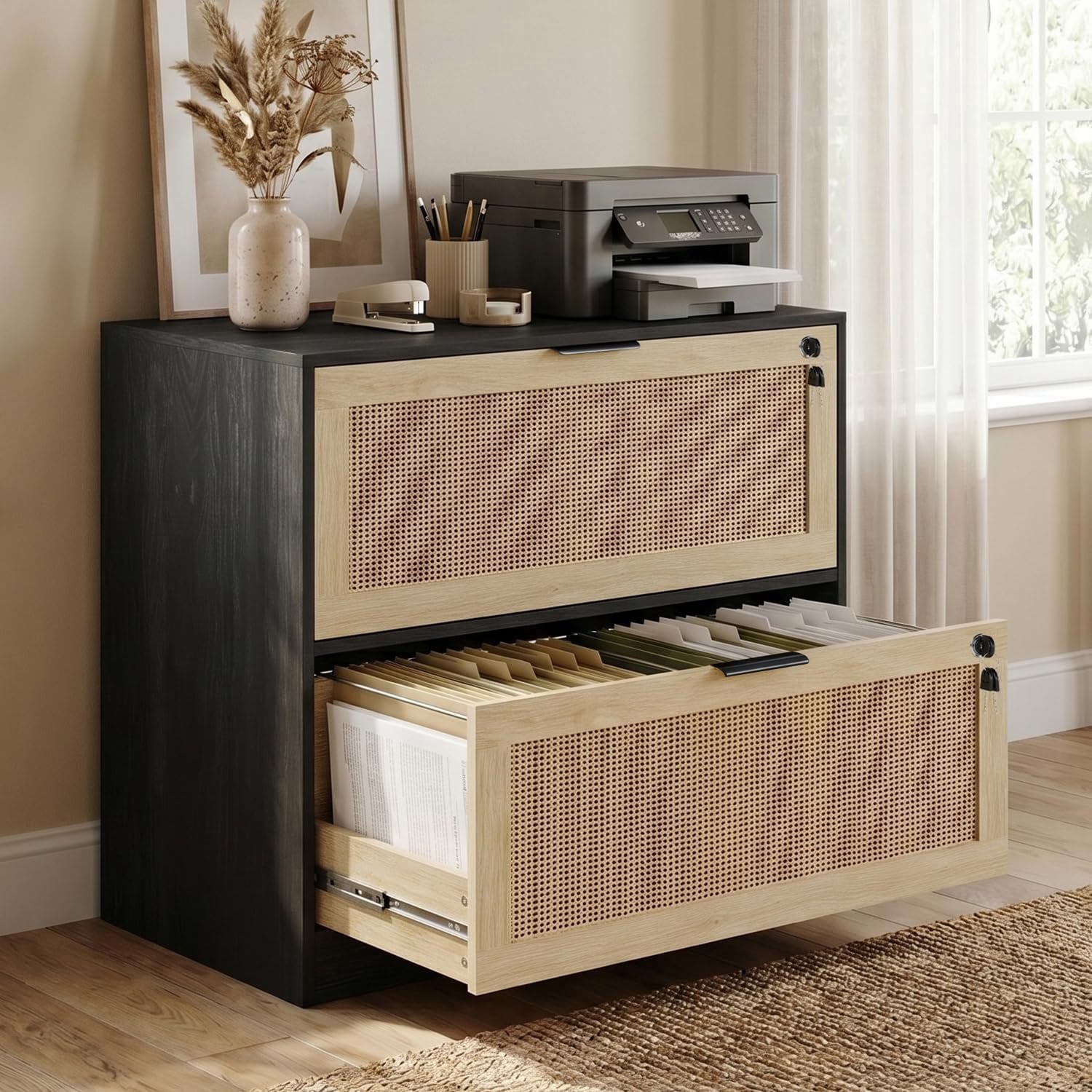 LAZZO 2-Drawer Lateral File Cabinet with Lock, Rattan-Front Wood Cabinet for Letter, Legal, A4 and F4 Files, Black
