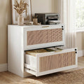 LAZZO 2-Drawer Lateral File Cabinet with Lock, Rattan-Front Wood Cabinet for Letter, Legal, A4 and F4 Files, White
