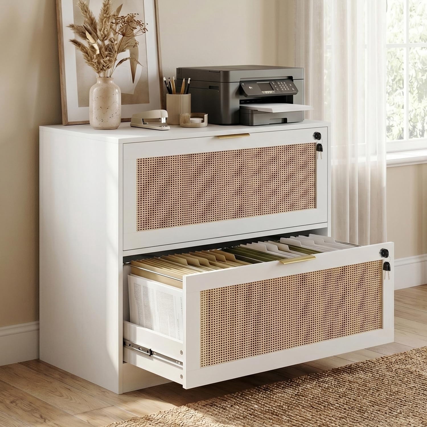 LAZZO 2-Drawer Lateral File Cabinet with Lock, Rattan-Front Wood Cabinet for Letter, Legal, A4 and F4 Files, White