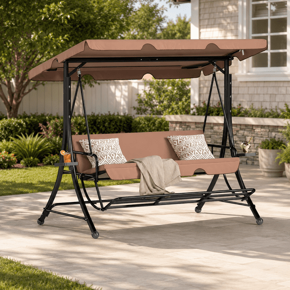LAZZO 3-Seat Outdoor Porch Swing with Footrest, Reclining Lounge Bed Convertible, Adjustable Canopy & Removable Cushions, Brown