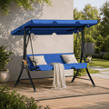 LAZZO 3-Seat Outdoor Porch Swing, Reclining Lounge Bed Convertible, Adjustable Canopy & Removable Cushions, Blue
