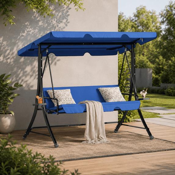 LAZZO 3-Seat Outdoor Porch Swing, Reclining Lounge Bed Convertible, Adjustable Canopy & Removable Cushions, Blue
