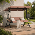 LAZZO 3-Seat Outdoor Porch Swing with Stand, Reclining Lounge Bed Convertible, Adjustable Canopy & Removable Cushions, Brown