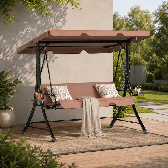 LAZZO 3-Seat Outdoor Porch Swing with Stand, Reclining Lounge Bed Convertible, Adjustable Canopy & Removable Cushions, Brown