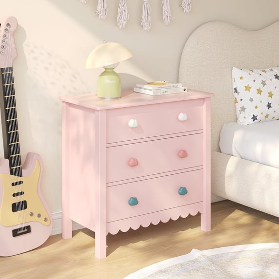 LAZZO 3-Drawer Nightstand, Modern Bedside Table with Customizable Handles for Bedroom, Pink