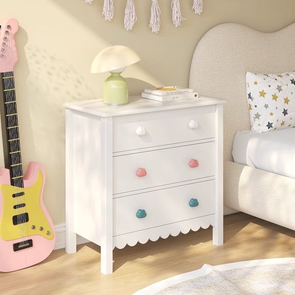 LAZZO 3-Drawer Nightstand, Modern Bedside Table with 2 Sets of Replacement Handles for Bedroom, White