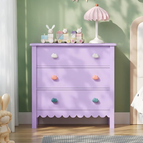 LAZZO 3-Drawer Nightstand, Modern Bedside Table with 2 Sets of Replacement Handles for Bedroom, Purple