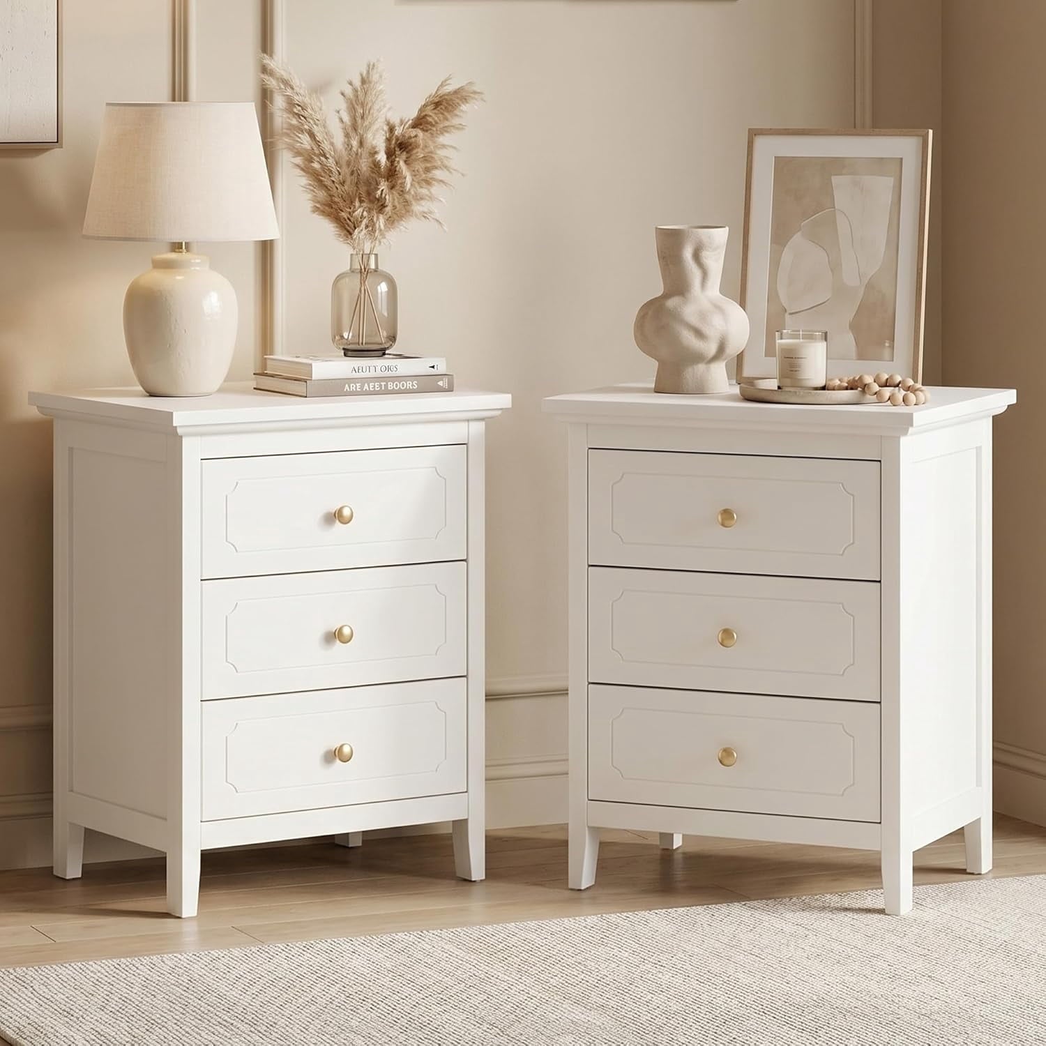 LAZZO 3-Drawer Nightstand Set of 2, Storage Side End Table for Bedroom and Living Room, White