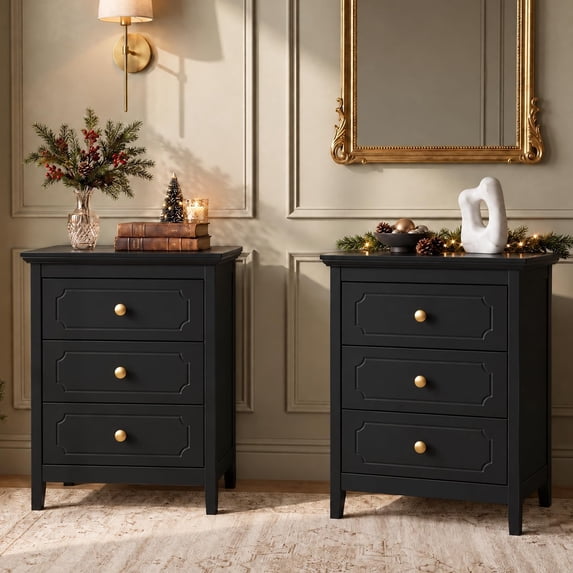LAZZO 3-Drawer Nightstand Set of 2, Storage Side End Table for Bedroom and Living Room, Black