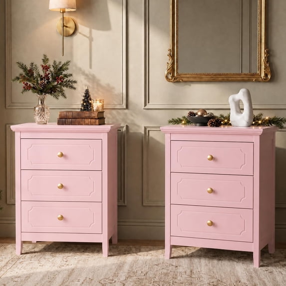 LAZZO 3-Drawer Nightstand Set of 2, Storage Side End Table for Bedroom and Living Room, Pink