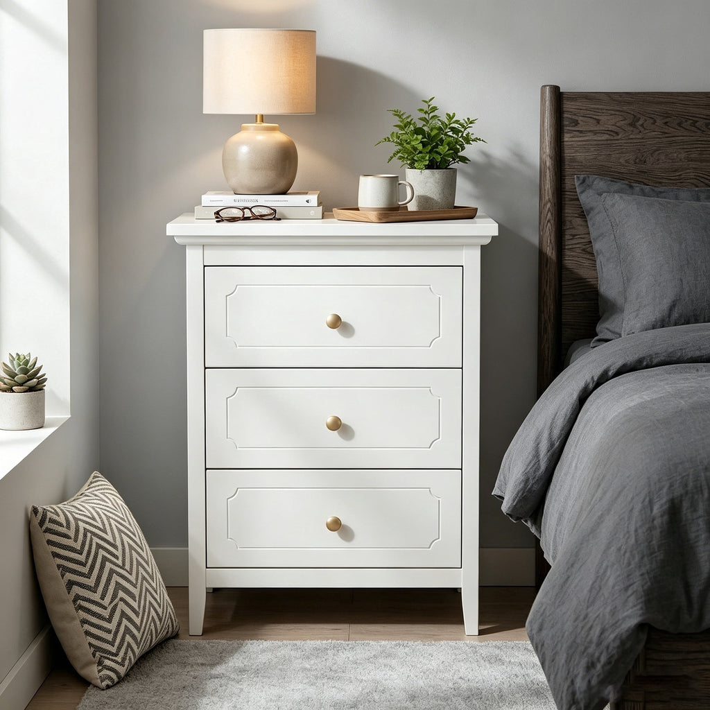 LAZZO 3-Drawer Nightstand, Storage Side End Table for Bedroom and Living Room, White