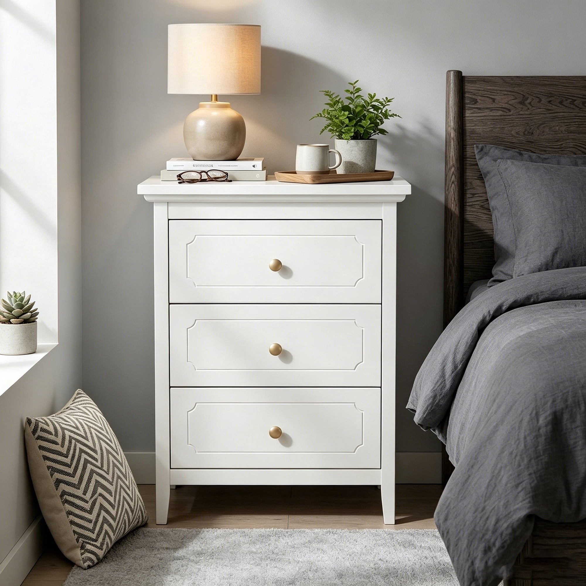 LAZZO 3-Drawer Nightstand, Storage Side End Table for Bedroom and Living Room, White