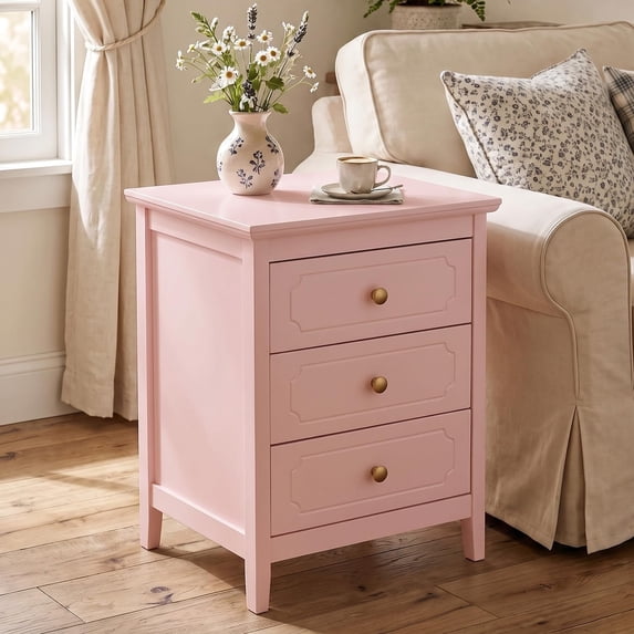 LAZZO 3-Drawer Nightstand, Storage Side End Table for Bedroom and Living Room, Pink