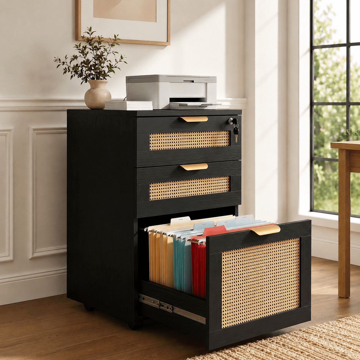 AZZO 3-Drawer File Cabinet with Lock, Rolling Rattan Cabinet with Wheels for Home Office, Black
