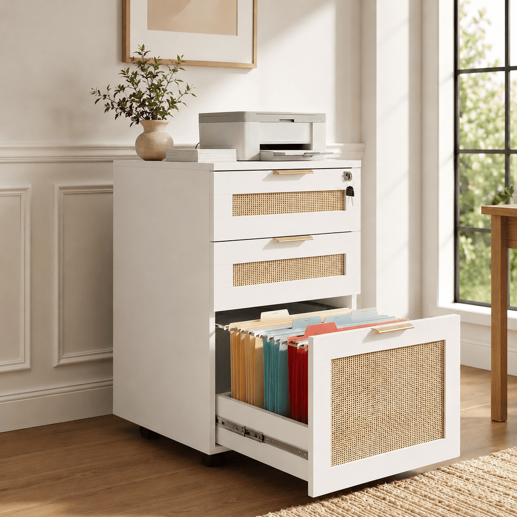 LAZZO 3-Drawer File Cabinet with Lock, Rolling Rattan Cabinet with Wheels for Home Office, White