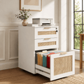 LAZZO 3-Drawer File Cabinet with Lock, Rolling Rattan Cabinet with Wheels for Home Office, White