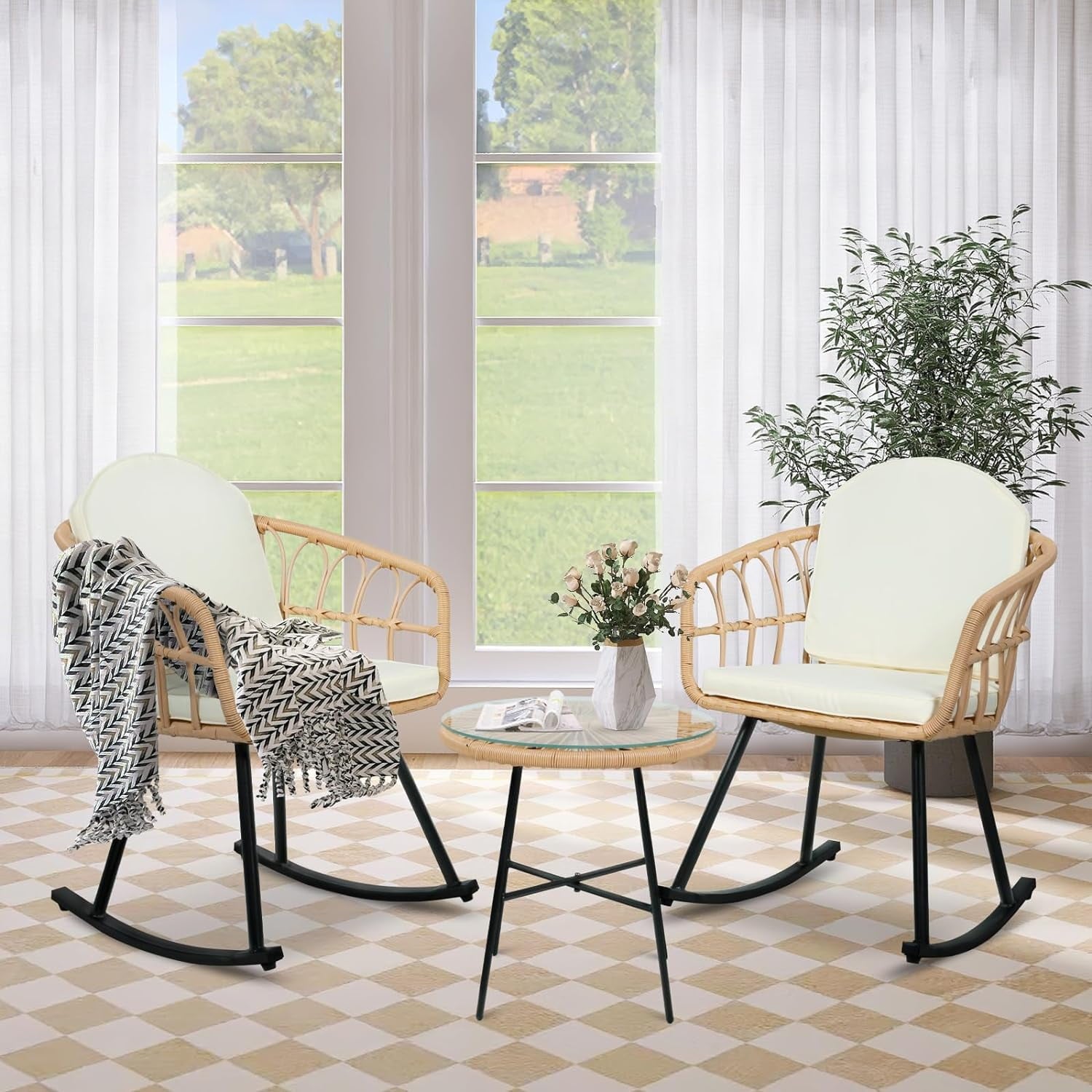 LAZZO 3 Pieces Outdoor Rocking Chairs Set, Patio Wicker Rattan Bistro Set with Cushions for Balcony Garden Porch