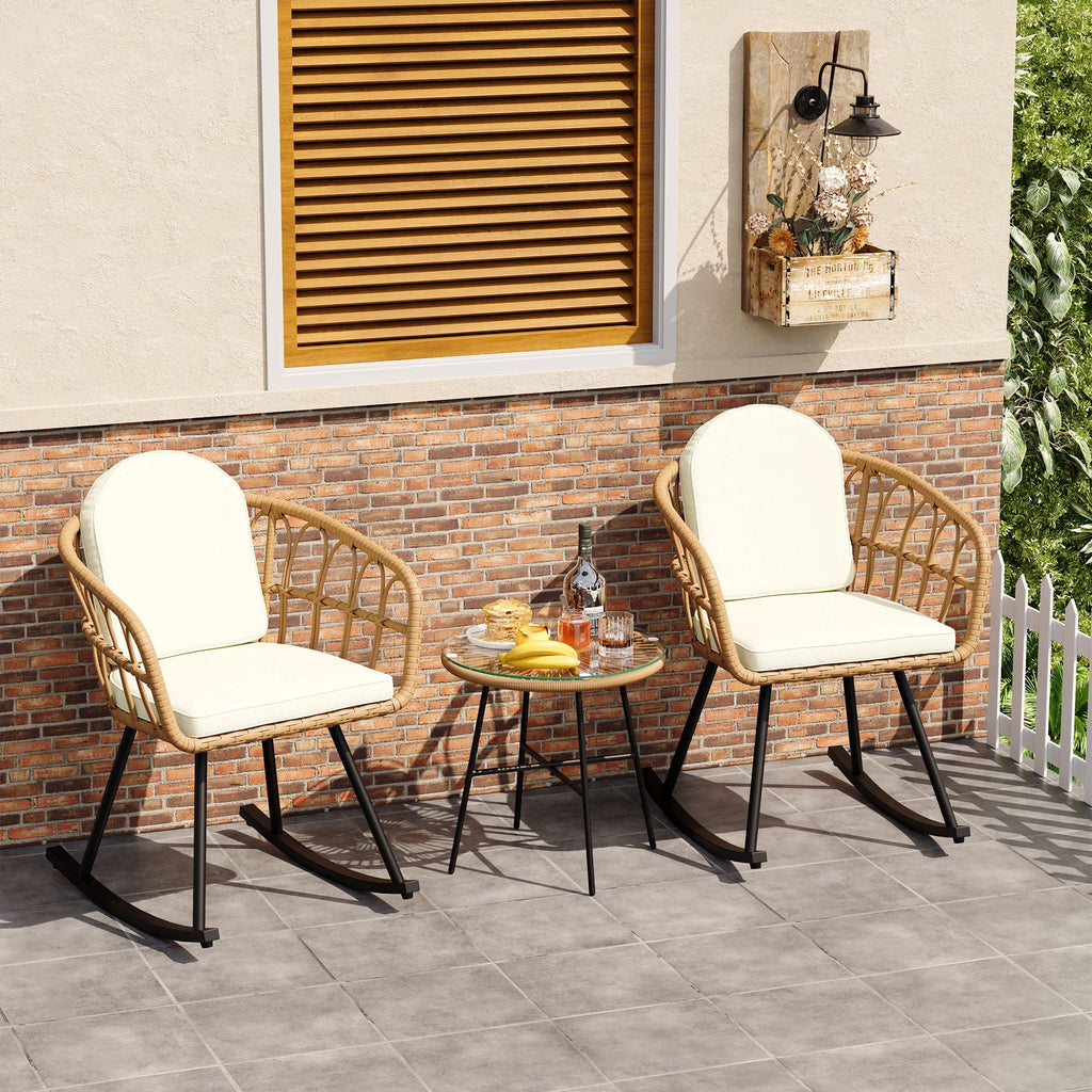 LAZZO 3-Piece Patio Conversation Set, Outdoor Wicker Rocking Chair Set with Cushions and Table, Beige