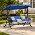 LAZZO 3-Seat Outdoor Porch Swing with Footrest, Reclining Lounge Bed Convertible, Adjustable Canopy & Removable Cushions, Blue
