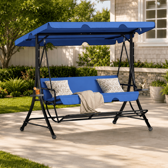 LAZZO 3-Seat Outdoor Porch Swing with Footrest, Reclining Lounge Bed Convertible, Adjustable Canopy & Removable Cushions, Blue