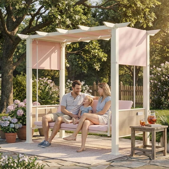 LAZZO 3 Seat Porch Swing, Outdoor pergola Swing 2-in-1 Convertible Swing Bed with Stand, Adjustable Canopy Side Pockets for Patio Backyard