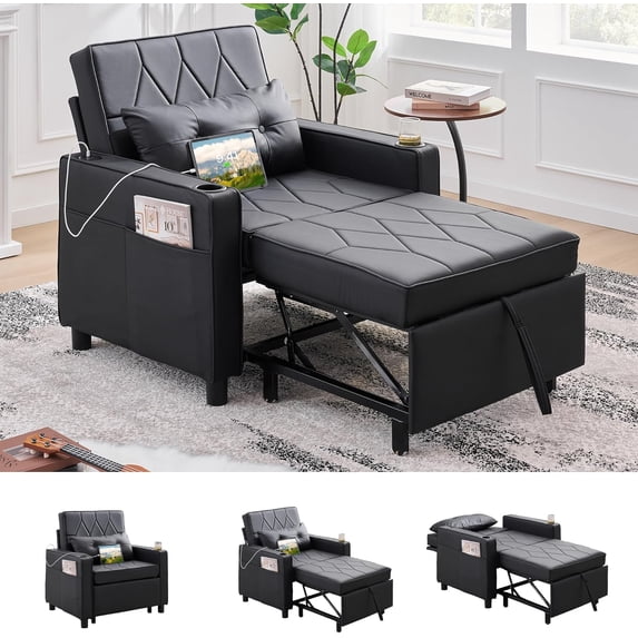 LAZZO Convertible Sleeper Chair Bed, Faux Leather Pull-Out Sofa with Charging Ports, Cup Holders and Side Pockets, Black
