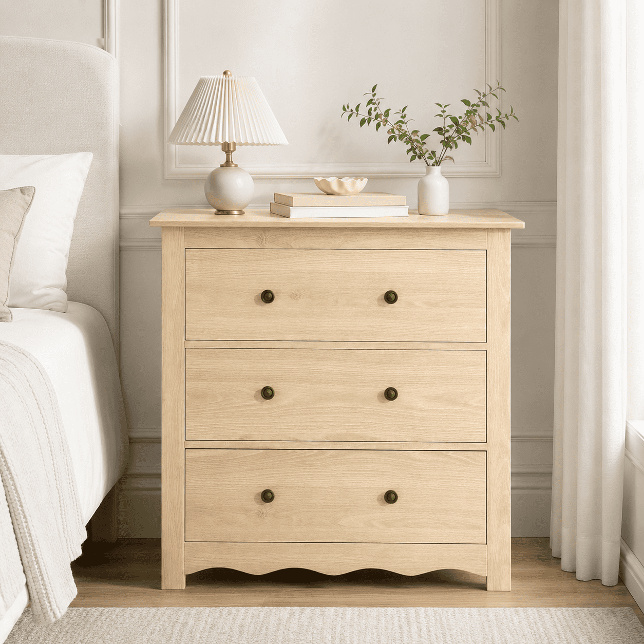 LAZZO 3-Drawer Dresser, 34" Tall Wood Chest of Drawers with Metal Handles for Bedroom and Living Room, Natural Wood