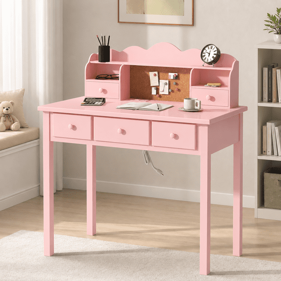 LAZZO 36“ Writing Desk with Built-in Outlet and Detachable Hutch, Wooden Computer Desk for Small Place and Home Office, Pink