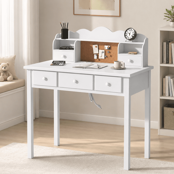 LAZZO 36“ Writing Desk with Built-in Outlet and Detachable Hutch, Wooden Computer Desk for Small Place and Home Office, White