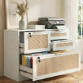 LAZZO File Cabinet with Lock, 4-Drawer Rattan-Front Wood Filing Cabinet for Letter, Legal, A4 and F4 Files, White