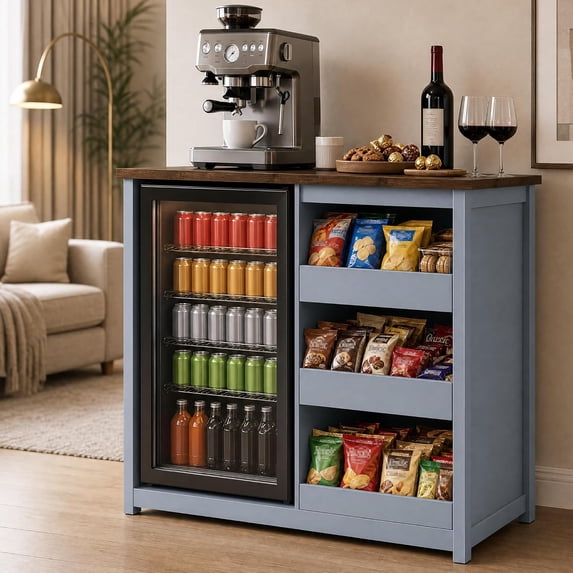 LAZZO 42" Bar Cabinet with Mini Fridge Space, Coffee Bar Cabinet with 3 Open Drawers for Kitchen and Dining Room, Blue