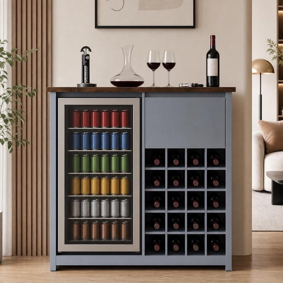 LAZZO 42" Bar Cabinet with Mini Fridge Space, Liquor Cabinet with Wine Rack and Flip-Down Bar for Kitchen and Dining Room, Blue