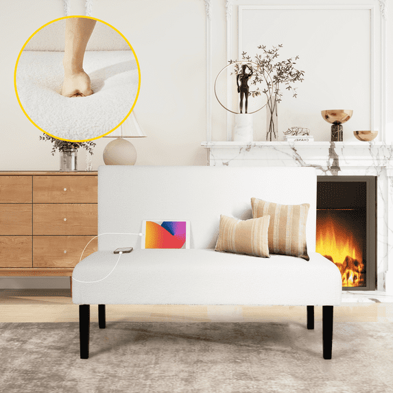 LAZZO 43" Mini Small Comfy Couch Armless Loveseat Sofa with USB Port, White