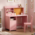 LAZZO 43" Wooden Writing Desk and Chair Set, Study Desk with Hutch and Cork Board for Homework, Reading and Drawing, Pink