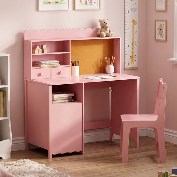 LAZZO 43" Wooden Writing Desk and Chair Set, Study Desk with Hutch and Cork Board for Homework, Reading and Drawing, Pink