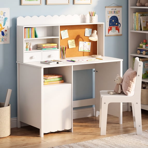 LAZZO 43" Wooden Writing Desk and Chair Set, Study Desk with Hutch and Cork Board for Homework, Reading and Drawing, White
