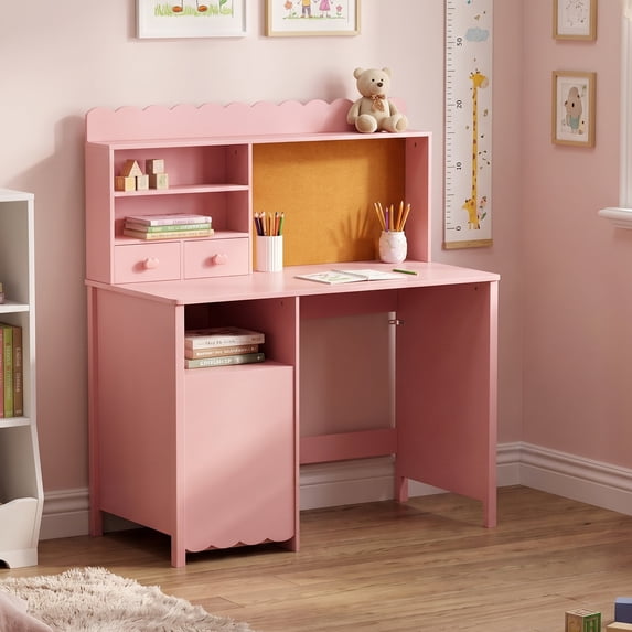 LAZZO 43" Wooden Writing Desk, Study Desk with Hutch and Cork Board for Students, Homework, Reading and Drawing, Pink