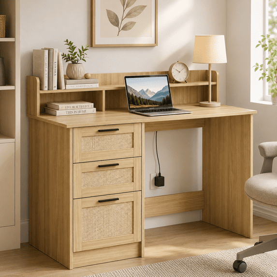 LAZZO 47" Wooden Computer Desk, Boho Home Office Writing Desk with Rattan Drawers, Hutch and Monitor Stand for Bedroom and Living Room