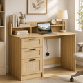 LAZZO 47" Wooden Computer Desk, Boho Home Office Writing Desk with Rattan Drawers, Hutch and Monitor Stand for Bedroom and Living Room